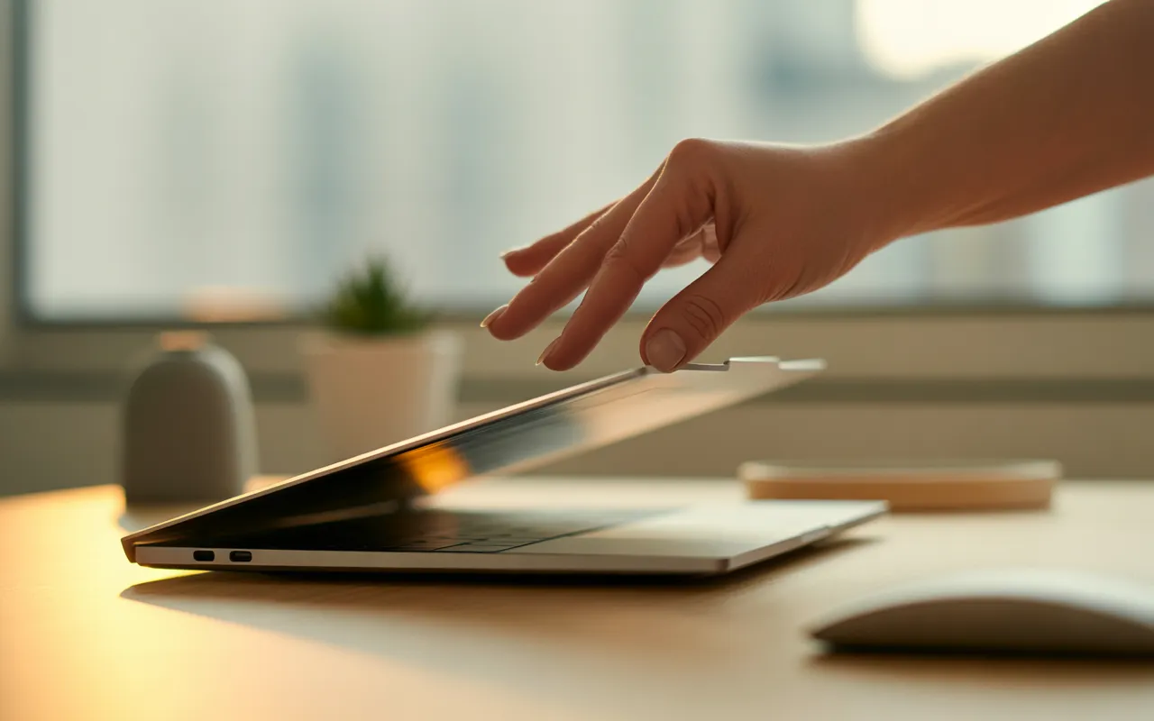 Comment conclure un article de blog efficacement en 2025 : main non genrée fermant la charnière d’un ordinateur portable en aluminium sur bureau minimaliste, lumière dorée de fin de journée, plante et accessoires contemporains en bokeh.