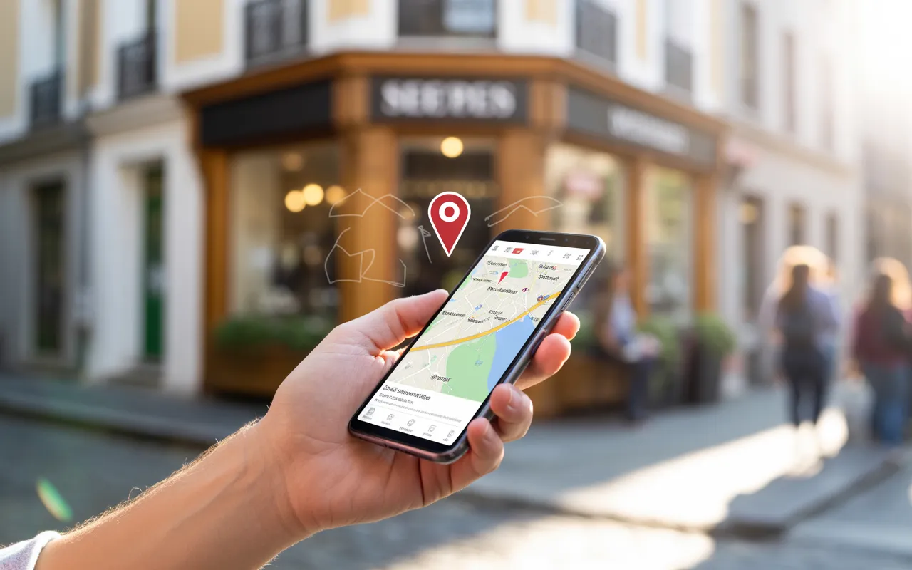 Comment utiliser Google My Business pour booster sa visibilité : main tenant un smartphone montrant une carte avec gros pin rouge, vitrine de commerce local floutée, pins AR suggérant la visibilité locale.