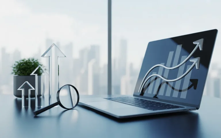 Vignette d’article Qu’est-ce que le SEO et pourquoi c’est crucial en 2025: bureau moderne minimaliste, ultrabook aux graphiques ascendants, loupe, flèches vers le haut et plante verte symbolisant la croissance.