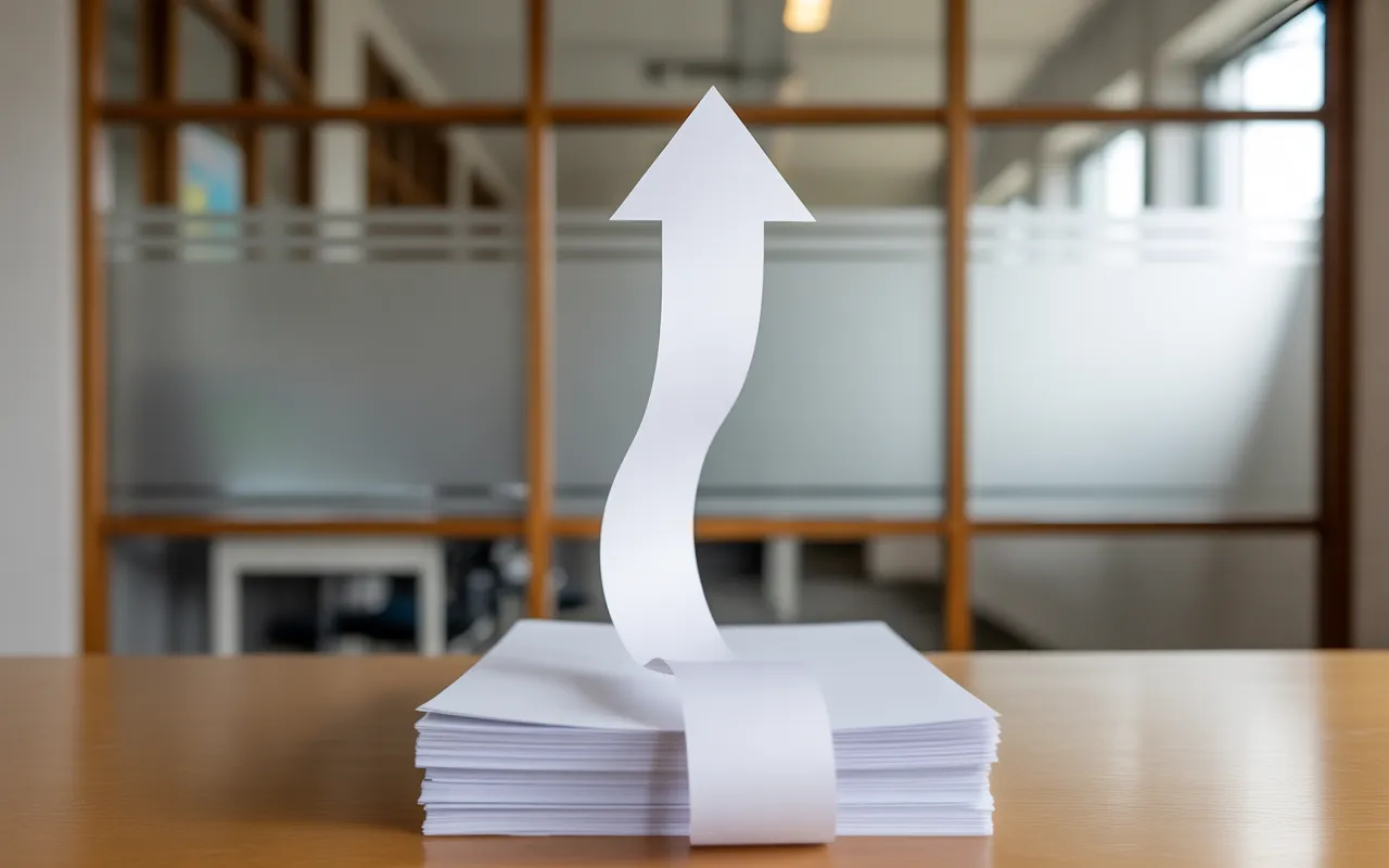 Pourquoi les contenus longs sont mieux référencés : ruban de papier blanc en flèche ascendante depuis une pile sur bureau minimaliste, barres en verre dépoli en arrière‑plan flou, lumière naturelle, style éditorial contemporain.