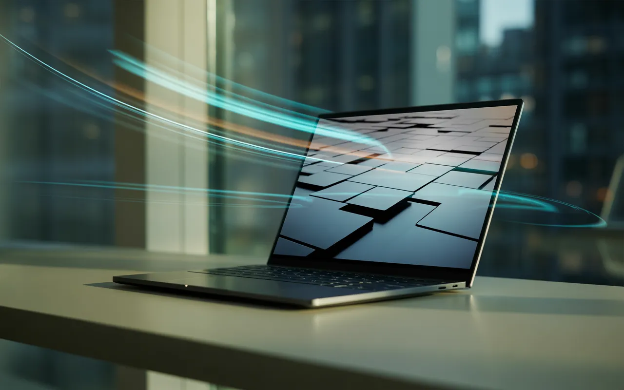 Comment améliorer la vitesse de son site web illustré par un bureau ultramoderne 2025: ordinateur portable ultrafin sans logo, mise en page web abstraite et traînées lumineuses cyan et bleues symbolisant l’optimisation.