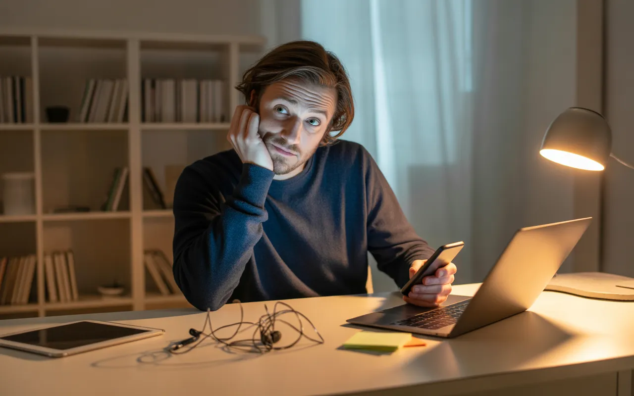 Les erreurs de communication fréquentes chez les indépendants : freelance à son bureau à domicile, l’air frustré, regard entre smartphone vibrant et laptop, entouré d’appareils aux notifications visuelles, écouteurs emmêlés, post-it vierges et tasse de café, lumière naturelle douce et bokeh urbain.