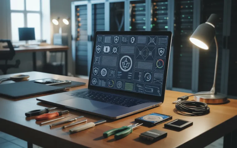 Setup de bureau moderne en bois foncé, laptop affichant une interface abstraite de maintenance web avec icônes et jauges, outils IT au premier plan, illustrant Maintenance WordPress pourquoi elle est essentielle.