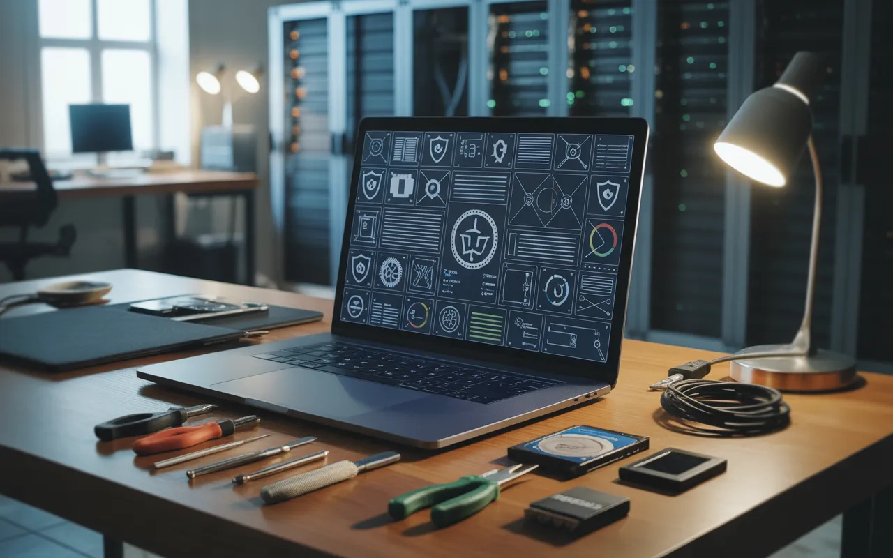 Setup de bureau moderne en bois foncé, laptop affichant une interface abstraite de maintenance web avec icônes et jauges, outils IT au premier plan, illustrant Maintenance WordPress pourquoi elle est essentielle.
