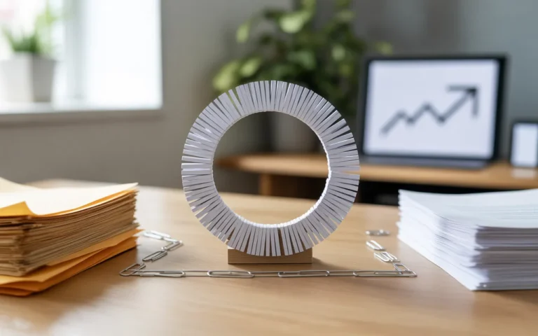 Comment réutiliser ses anciens articles pour booster le SEO, illustré en flat lay: symbole de recyclage en papier au centre, pile d’anciens feuillets à gauche, documents reliés à onglets à droite, écran flou avec courbe ascendante en arrière-plan.