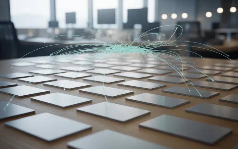 Le pouvoir du maillage interne dans un blog: réseau de cartes blanches reliées par fibres optiques lumineuses vers un hub central, sur bureau en bois clair, esthétique minimaliste 2025.