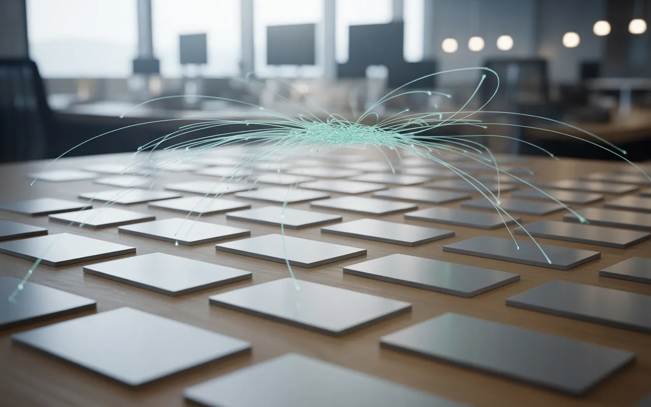 Le pouvoir du maillage interne dans un blog: réseau de cartes blanches reliées par fibres optiques lumineuses vers un hub central, sur bureau en bois clair, esthétique minimaliste 2025.