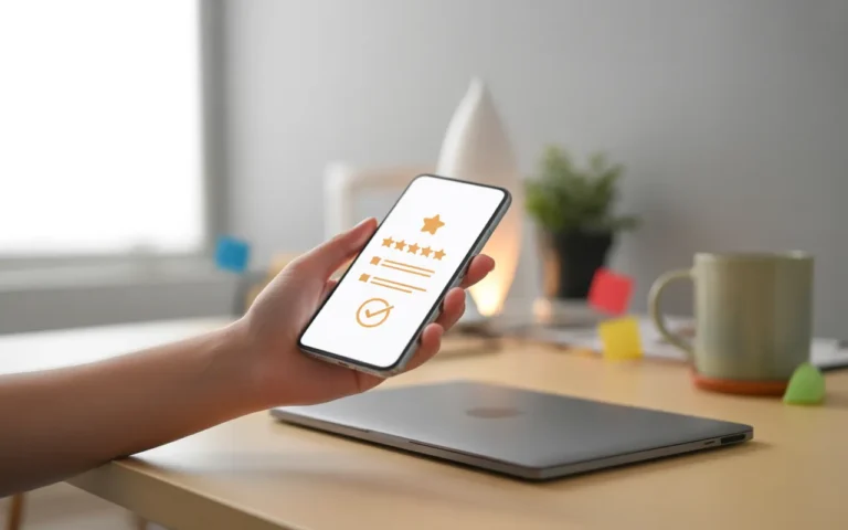 Comment générer des avis clients positifs sur Google: main adulte tenant un smartphone moderne affichant cinq étoiles dorées et une icône de validation, sur bureau en bois clair, arrière-plan bokeh professionnel.