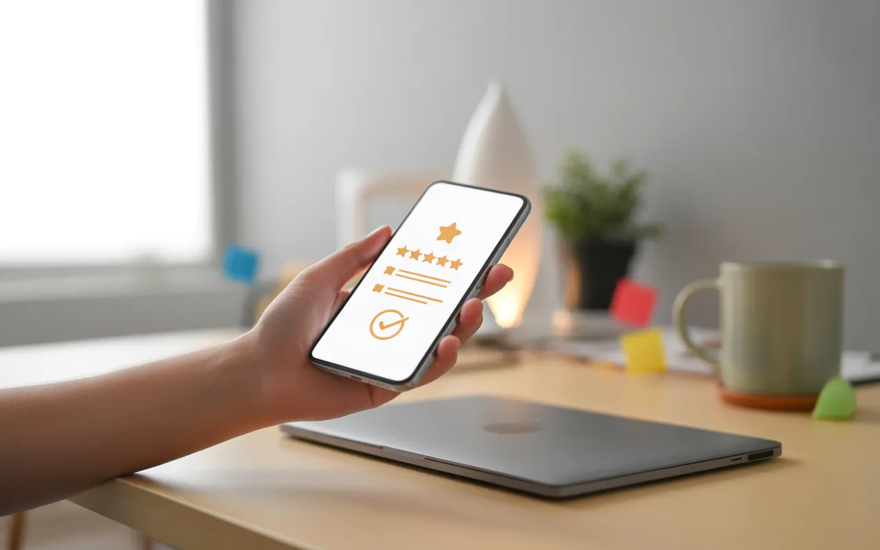 Comment générer des avis clients positifs sur Google: main adulte tenant un smartphone moderne affichant cinq étoiles dorées et une icône de validation, sur bureau en bois clair, arrière-plan bokeh professionnel.