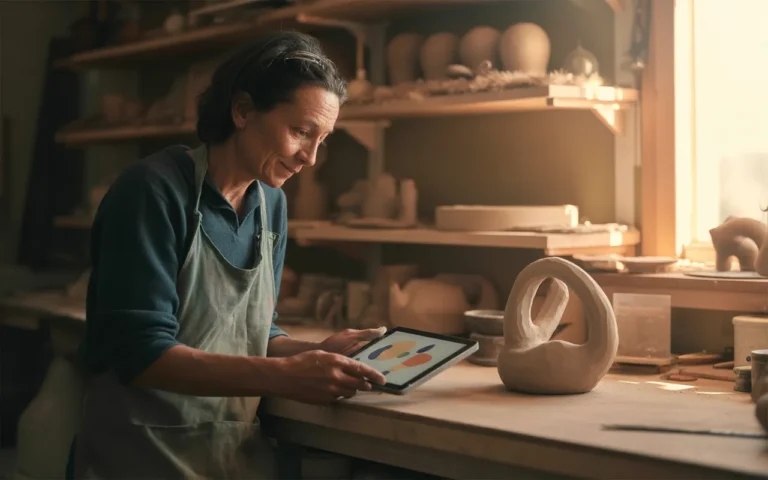 Comment le marketing de contenu aide les artisans: artisane en tablier dans son atelier, consulte une tablette aux graphiques colorés sans texte, projet en bois, lumière dorée, fond flou.