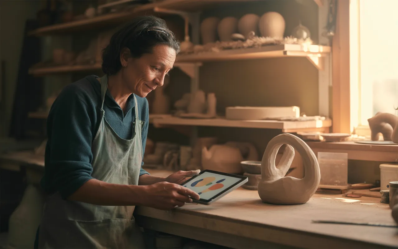 Comment le marketing de contenu aide les artisans: artisane en tablier dans son atelier, consulte une tablette aux graphiques colorés sans texte, projet en bois, lumière dorée, fond flou.