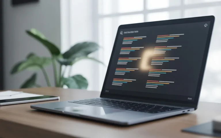 Comment rédiger une meta description efficace — scène de bureau épurée, laptop affichant une page de résultats de recherche stylisée sans texte, ligne mise en avant par une lueur douce.