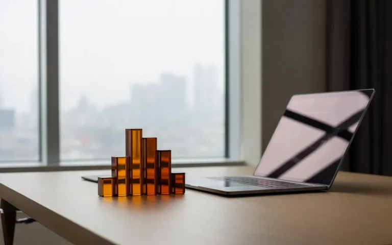 Combien coûte réellement un site professionnel en 2025 — vignette 16:9 d’un bureau moderne minimaliste: barres d’acrylique ambrées en hausse à gauche, ordinateur portable à droite avec interface web abstraite, lumière naturelle, bokeh urbain.