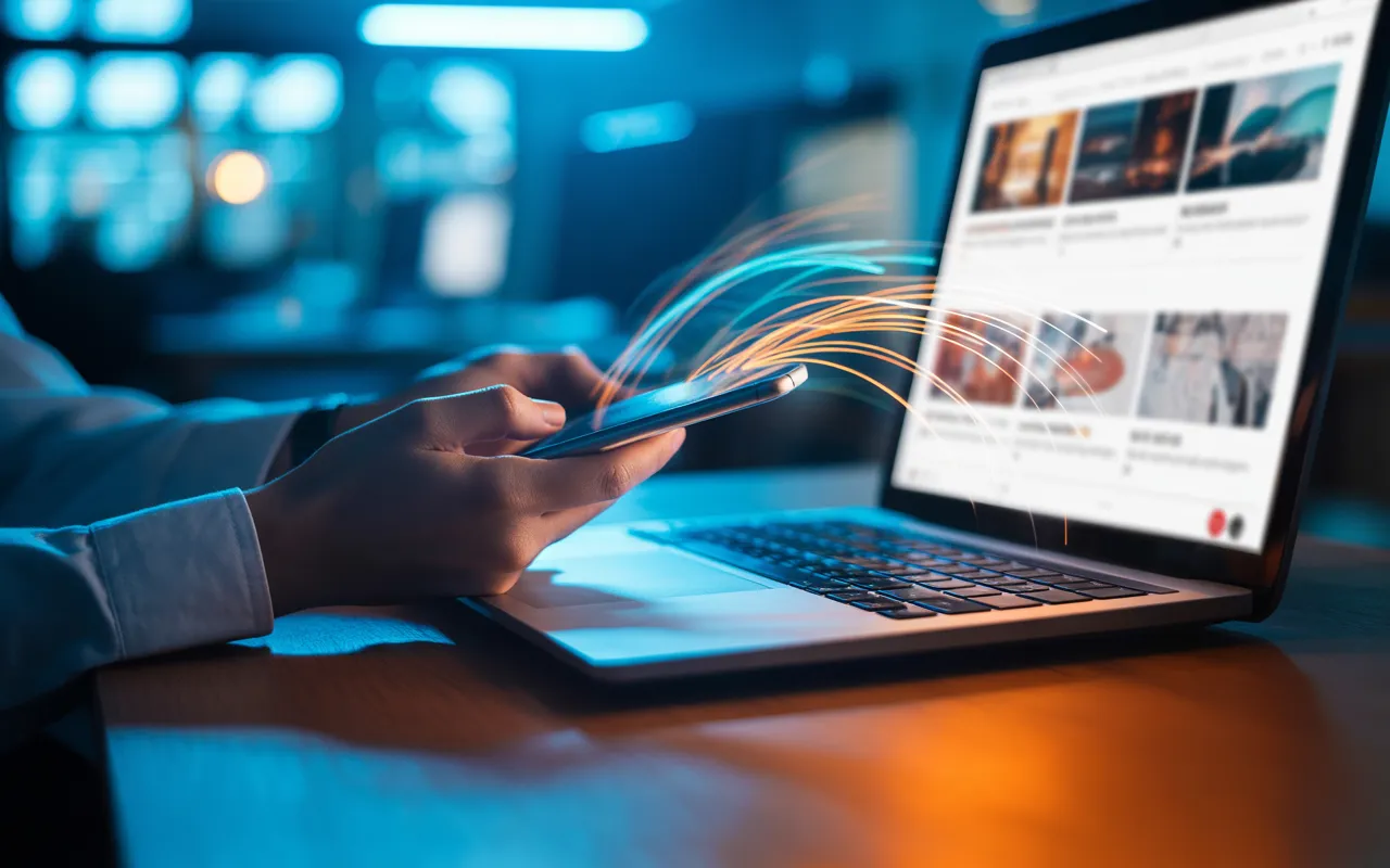 Comment utiliser les réseaux sociaux pour générer du trafic web: mains d’un professionnel tenant un smartphone au-dessus d’un ordinateur portable, flux lumineux vers un grand écran, dans un bureau moderne au crépuscule.