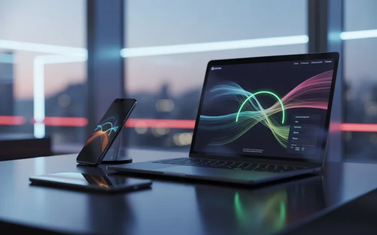 Comment mesurer la performance de son site web — vignette photo-réaliste 16:9 4K d’un bureau moderne 2025: laptop haut de gamme en plan 3/4 affichant un tableau de bord analytique abstrait (courbes, barres, heatmaps, grande jauge verte), smartphone à côté, bokeh urbain.