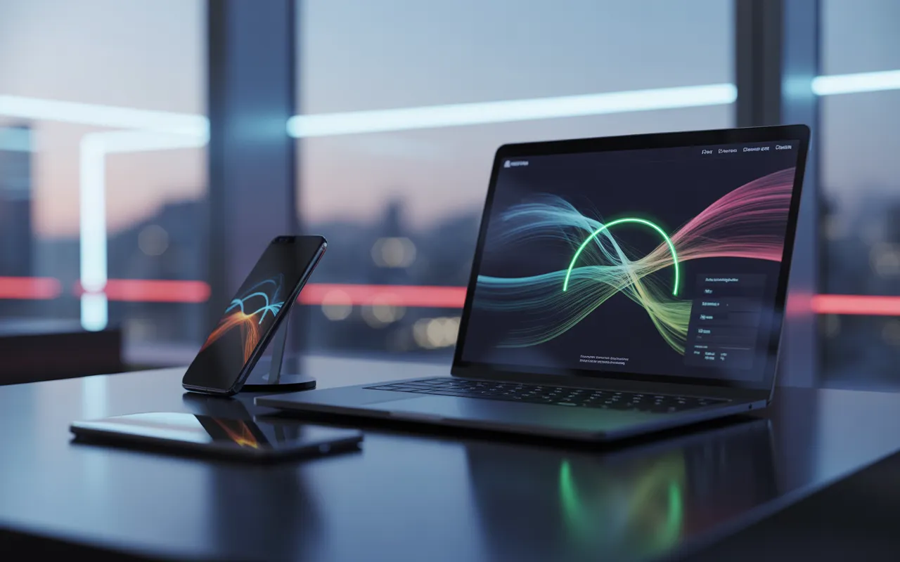 Comment mesurer la performance de son site web — vignette photo-réaliste 16:9 4K d’un bureau moderne 2025: laptop haut de gamme en plan 3/4 affichant un tableau de bord analytique abstrait (courbes, barres, heatmaps, grande jauge verte), smartphone à côté, bokeh urbain.