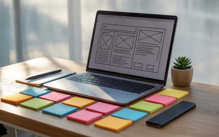 Comment bien structurer un article de blog pour Google: vue de dessus 16:9 d’un bureau moderne, ordinateur portable affichant un wireframe sans texte, notes adhésives colorées en grille, accessoires neutres, lumière douce.
