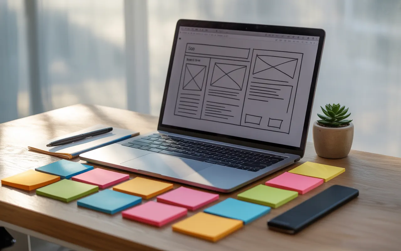 Comment bien structurer un article de blog pour Google: vue de dessus 16:9 d’un bureau moderne, ordinateur portable affichant un wireframe sans texte, notes adhésives colorées en grille, accessoires neutres, lumière douce.