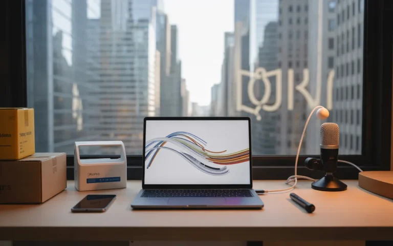 Comment une TPE peut concurrencer les grandes entreprises en ligne: bureau de TPE 2025 ultra-soigné; laptop avec interface analytique abstraite sans texte, smartphone, petites boîtes, mini imprimante d’étiquettes, scanner sans fil, micro podcast, ring-light éteinte, plante; skyline vitrée floutée en arrière-plan, lumière douce, aluminium brossé, verre et bois clair.