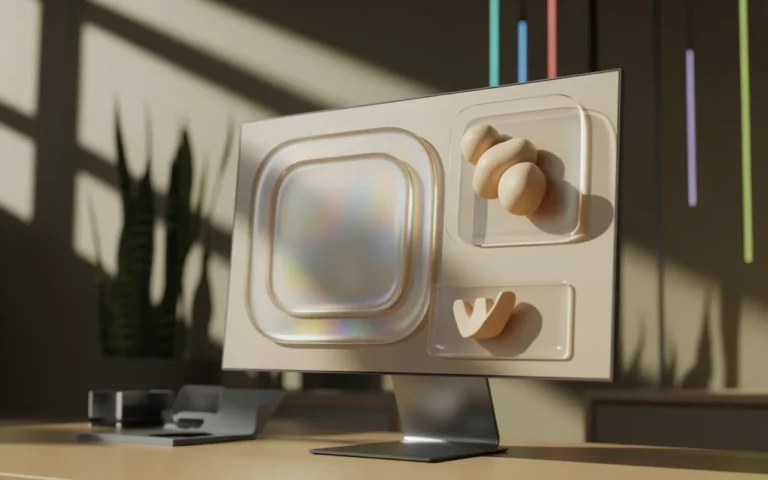 Les tendances web design 2025: écran ultra-fin dark mode, panneaux UI en glassmorphism, icônes 3D clay flottantes, néons cyan-magenta, bokeh, look high-tech minimaliste.