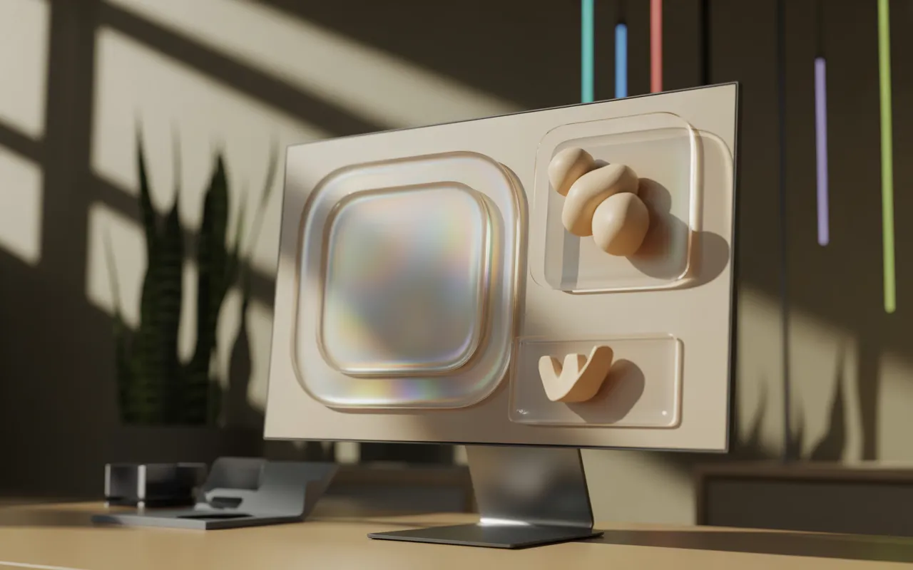 Les tendances web design 2025: écran ultra-fin dark mode, panneaux UI en glassmorphism, icônes 3D clay flottantes, néons cyan-magenta, bokeh, look high-tech minimaliste.