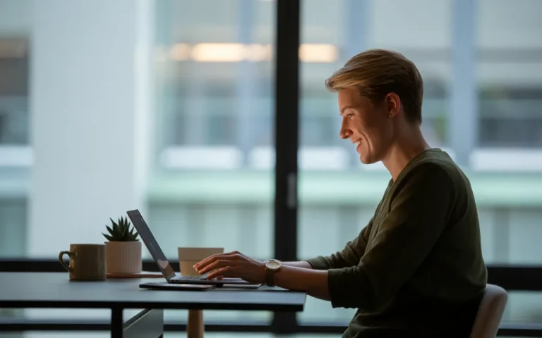 Comment un bon design influence la confiance des visiteurs: personne adulte souriante à un bureau minimaliste, utilisant un ordinateur portable avec interface web épurée et icônes de sécurité; smartphone à côté, lumière naturelle rassurante.