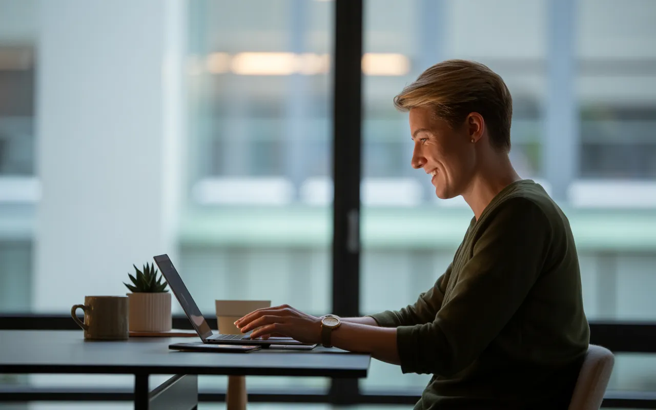 Comment un bon design influence la confiance des visiteurs: personne adulte souriante à un bureau minimaliste, utilisant un ordinateur portable avec interface web épurée et icônes de sécurité; smartphone à côté, lumière naturelle rassurante.
