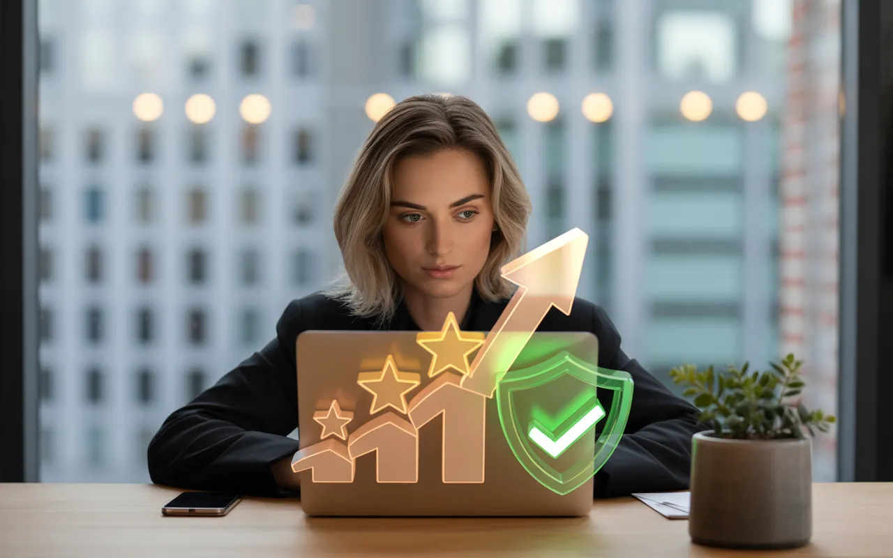 Comment améliorer sa e-réputation facilement: jeune professionnel confiant devant un ordinateur portable sans logo, bureau moderne; icônes 3D (5 étoiles dorées, bouclier vert, flèche ascendante, pouce, avatars) illustrant la réputation en ligne.