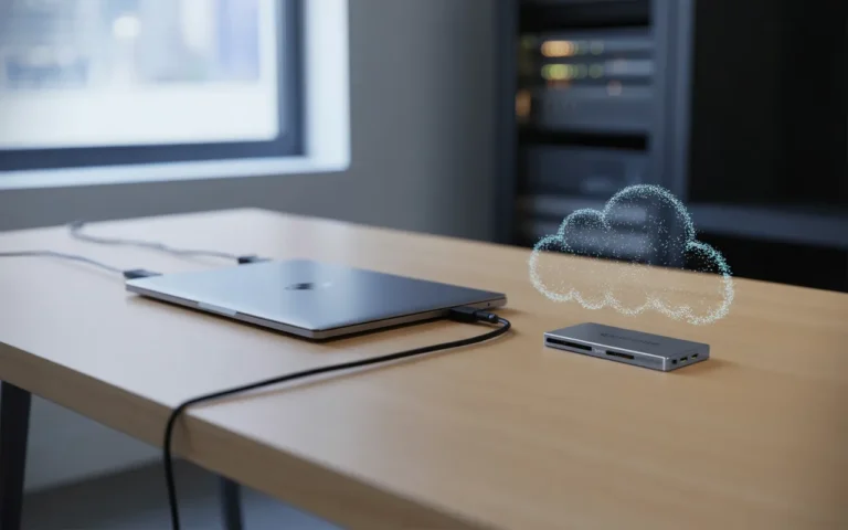 Comment faire une sauvegarde complète de son site: SSD externe compact connecté en USB‑C à un ordinateur portable en aluminium sur bureau moderne, en vue 3/4, nuage holographique de sauvegarde au‑dessus, lumière froide high‑tech, LED ambre discrète, mise au point nette sur le connecteur.