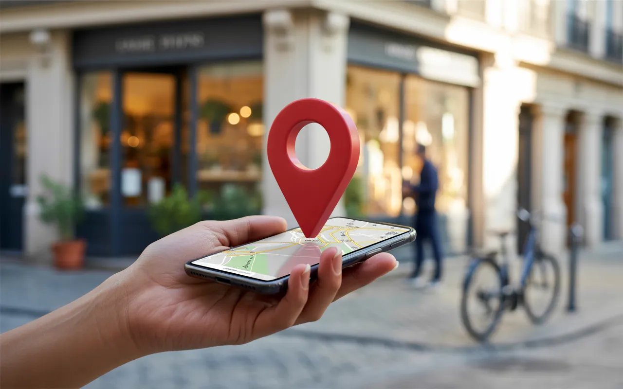 7 techniques simples pour gagner en visibilité locale: main tenant un smartphone affichant une carte sans texte, pin de localisation 3D rouge au-dessus d’une boutique de quartier au coucher du soleil.