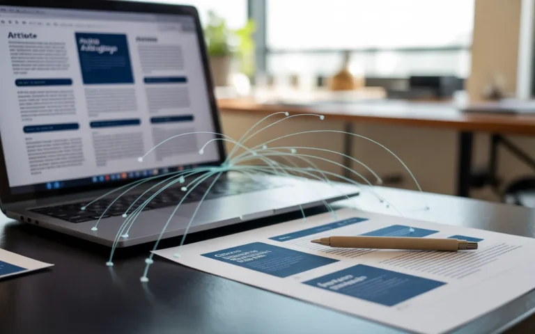 Pourquoi ajouter des liens internes dans chaque article: laptop en trois-quarts montrant une page aux blocs gris reliés par des lignes bleues, feuille imprimée assortie et stylo, lumière naturelle, sans texte lisible.