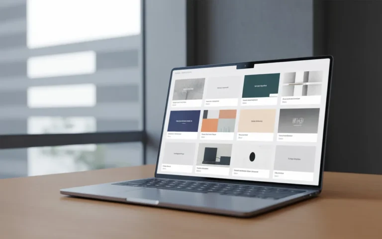Les 10 pages indispensables pour un site d’entreprise — vignette photo-réaliste 16:9 d’un laptop premium affichant une grille de 10 cartes web abstraites (UX 2025), fond open space flou, sans texte ni logo.