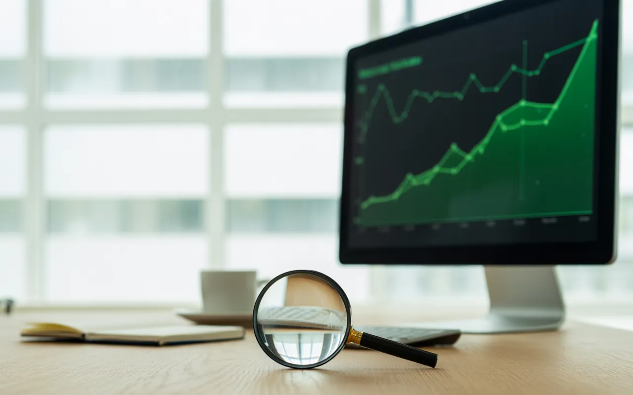 Pourquoi un blog d’entreprise est un levier puissant pour le SEO: bureau moderne épuré, écran dominant à droite avec tableau de bord minimaliste et courbe verte ascendante, loupe en verre au premier plan, tasse blanche, carnet, plante; lumière naturelle, bokeh doux, open‑space flouté.