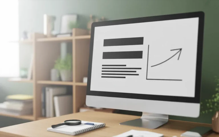 Vignette photo‑réaliste: écran d’ordinateur moderne avec maquette web sans texte, trois barres horizontales décroissantes (hiérarchie des titres) et courbe SEO ascendante, pour Comment choisir les bons titres H1 H2 H3 pour un article.