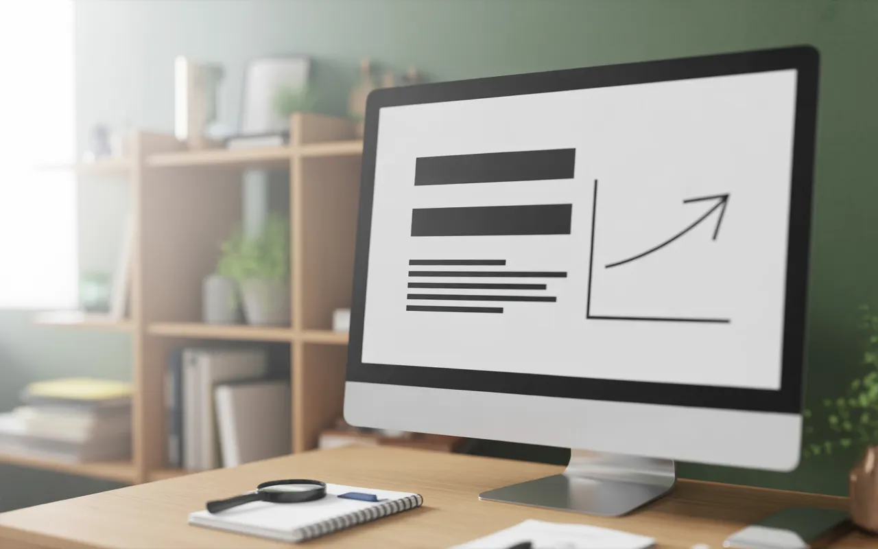 Vignette photo‑réaliste: écran d’ordinateur moderne avec maquette web sans texte, trois barres horizontales décroissantes (hiérarchie des titres) et courbe SEO ascendante, pour Comment choisir les bons titres H1 H2 H3 pour un article.