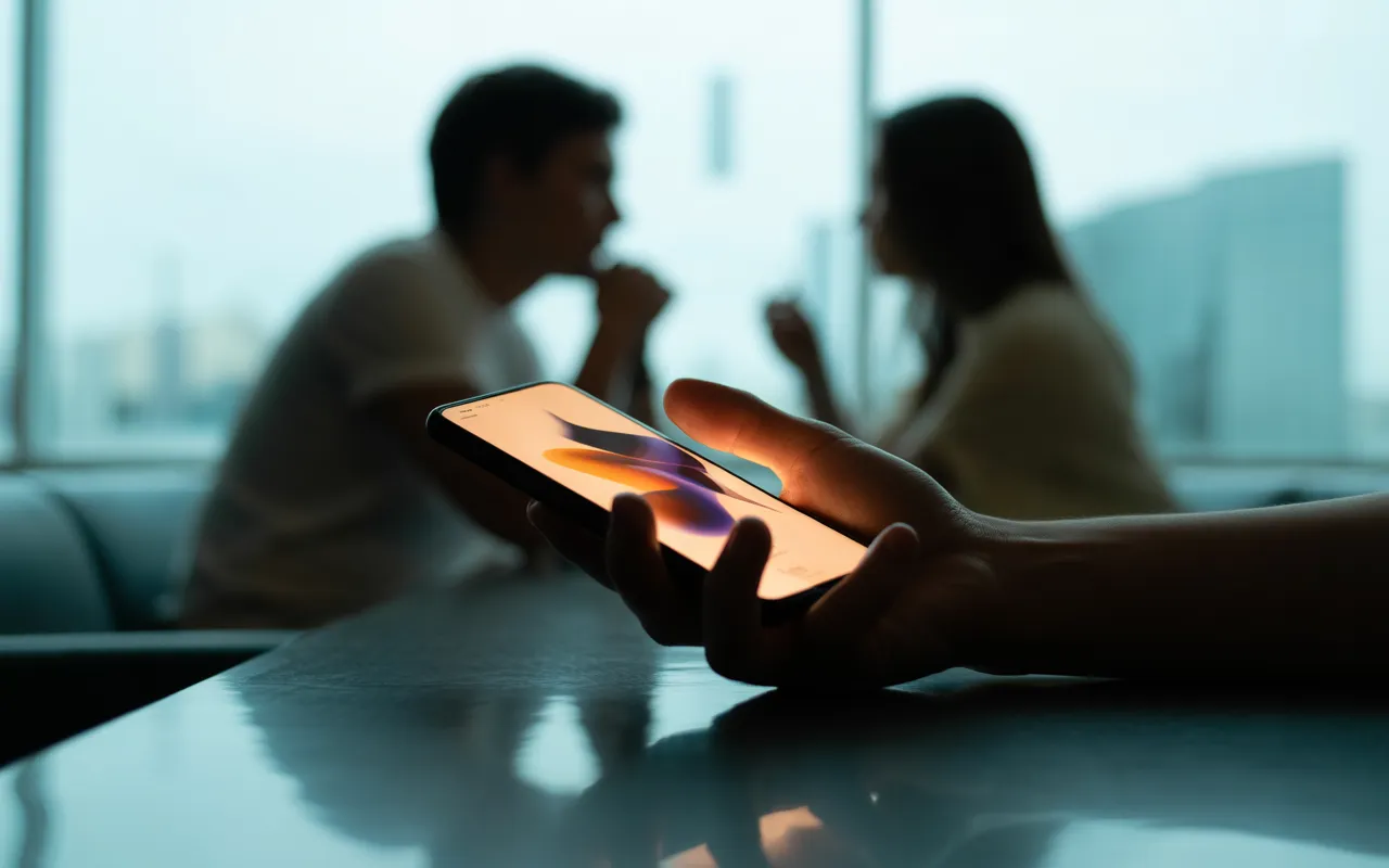 Pourquoi le bouche-à-oreille ne suffit plus en 2025: deux adultes en léger flou, l’un chuchote à gauche; à droite, smartphone net au premier plan affichant un flux d’icônes et de courbes abstraites, lumière bleutée du crépuscule.