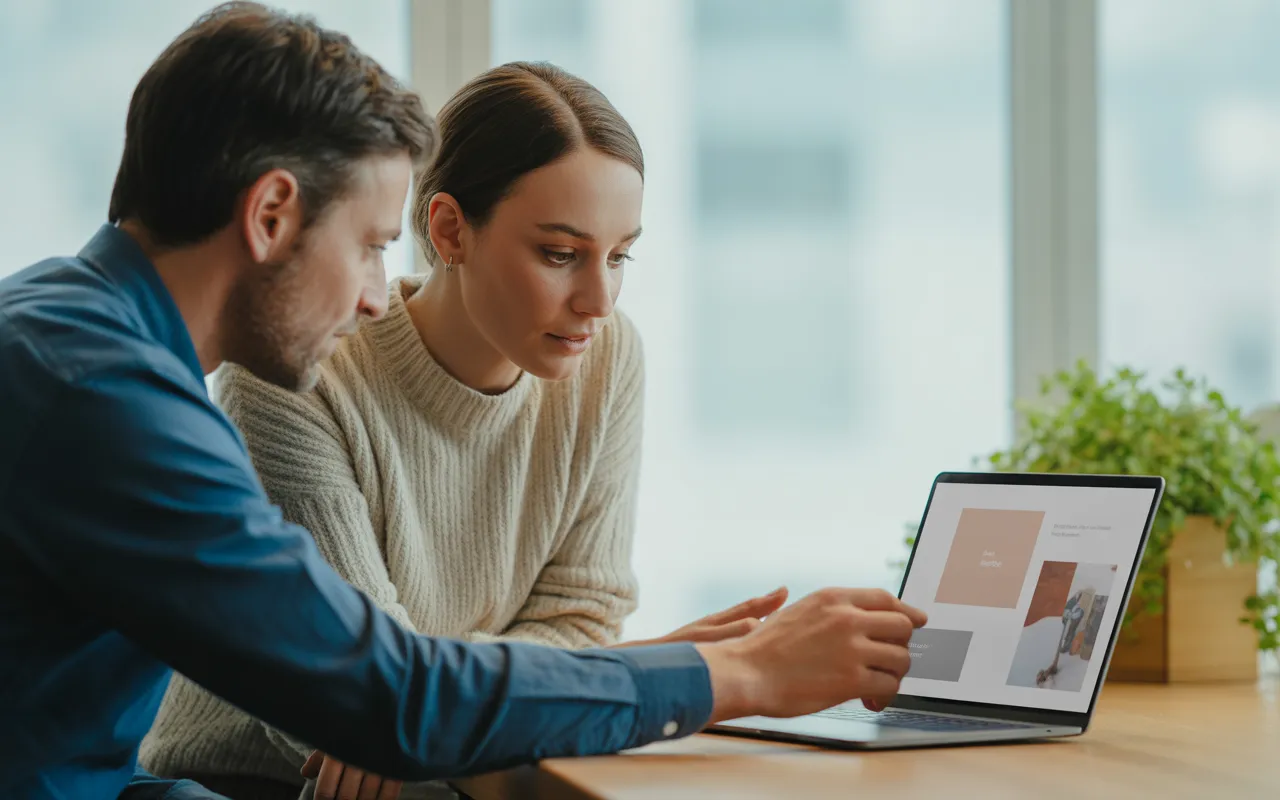 Pourquoi confier la création de son site à une agence spécialisée TPE : entrepreneur de TPE et expert d’agence digitale collaborent devant un laptop affichant une maquette web minimaliste, bureau moderne, ambiance professionnelle et bienveillante.