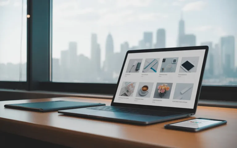 Exemples de sites efficaces pour les petites entreprises: bureau moderne en bois clair avec ordinateur portable à bords fins, tablette et smartphone affichant des maquettes web sans texte, mise au point nette et arrière-plan urbain flou.