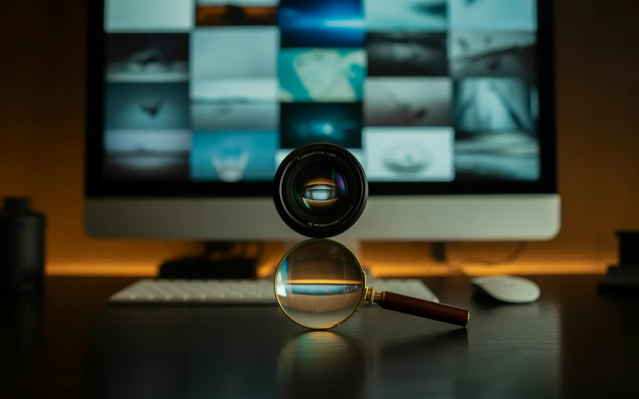 Pourquoi les images sont importantes pour le référencement: objectif et loupe superposés sur bureau moderne, écran en mosaïque d’images floues, traînées lumineuses ascendantes symbolisant l’amélioration du SEO.