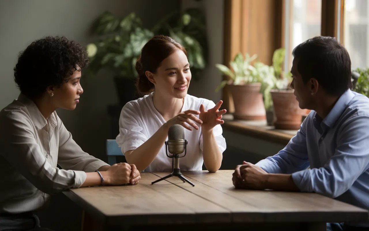 Trois clients de divers horizons discutent avec authenticité autour d’une table en bois, micro discret au premier plan, lumière naturelle en coworking. Témoignages clients un atout puissant pour la confiance
