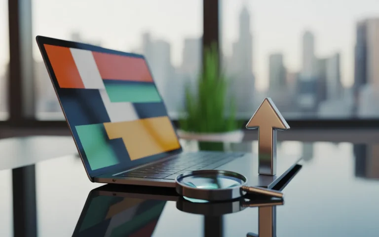 Comment Google choisit les sites qu’il affiche en premier: ordinateur portable ultrafin sur bureau en verre avec page de résultats stylisée sans texte (blocs rouge, bleu, jaune, vert), flèche 3D vers le haut et loupe au premier plan, lumière du jour, arrière-plan bokeh.