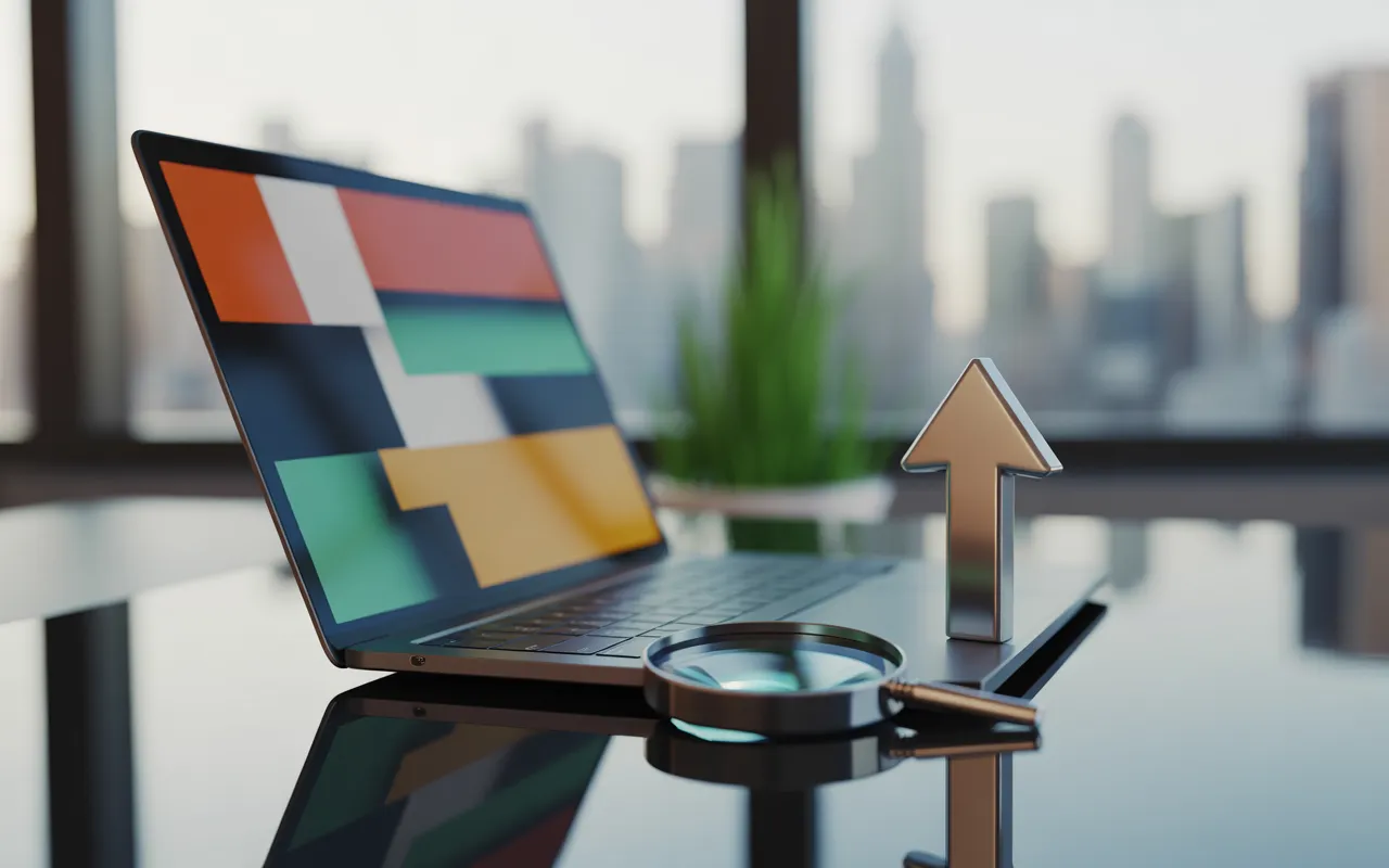 Comment Google choisit les sites qu’il affiche en premier: ordinateur portable ultrafin sur bureau en verre avec page de résultats stylisée sans texte (blocs rouge, bleu, jaune, vert), flèche 3D vers le haut et loupe au premier plan, lumière du jour, arrière-plan bokeh.