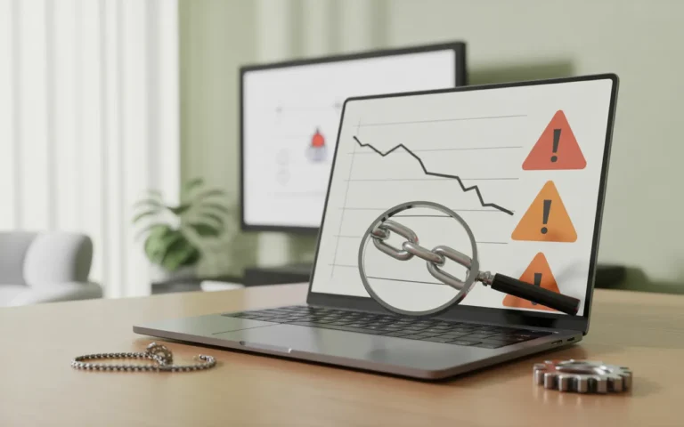 Vignette 16:9 photo-réaliste illustrant 10 erreurs SEO à éviter sur son site: bureau moderne minimaliste, ordinateur portable en aluminium avec graphique descendant, icônes d’alerte, loupe sur lien brisé, chaîne cassée et mini roue dentée.