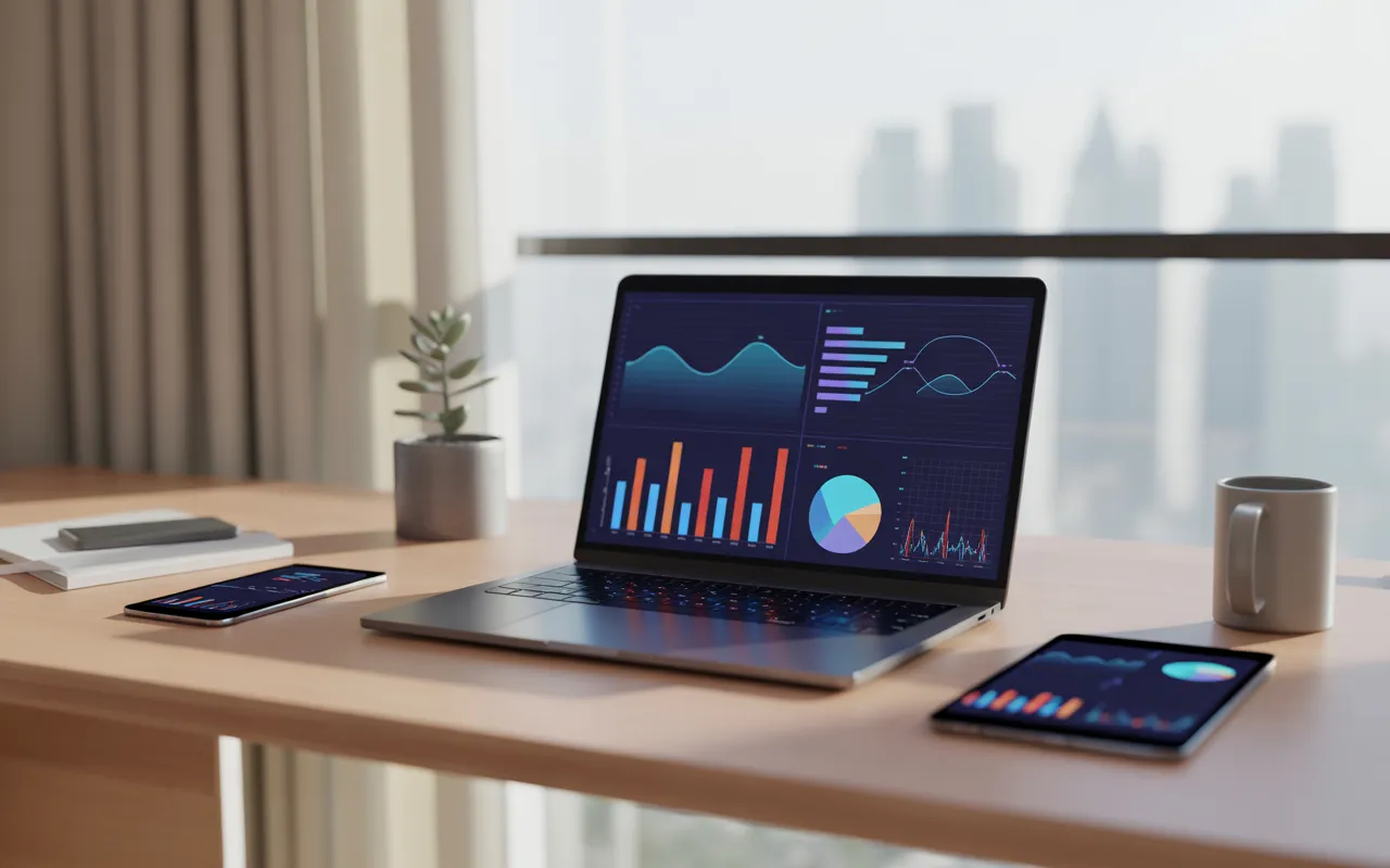 Bureau moderne minimaliste high-tech: laptop au centre affichant un tableau de bord d’analytics avec cinq graphiques, smartphone et tablette, lumière naturelle; 5 outils gratuits pour suivre son trafic web