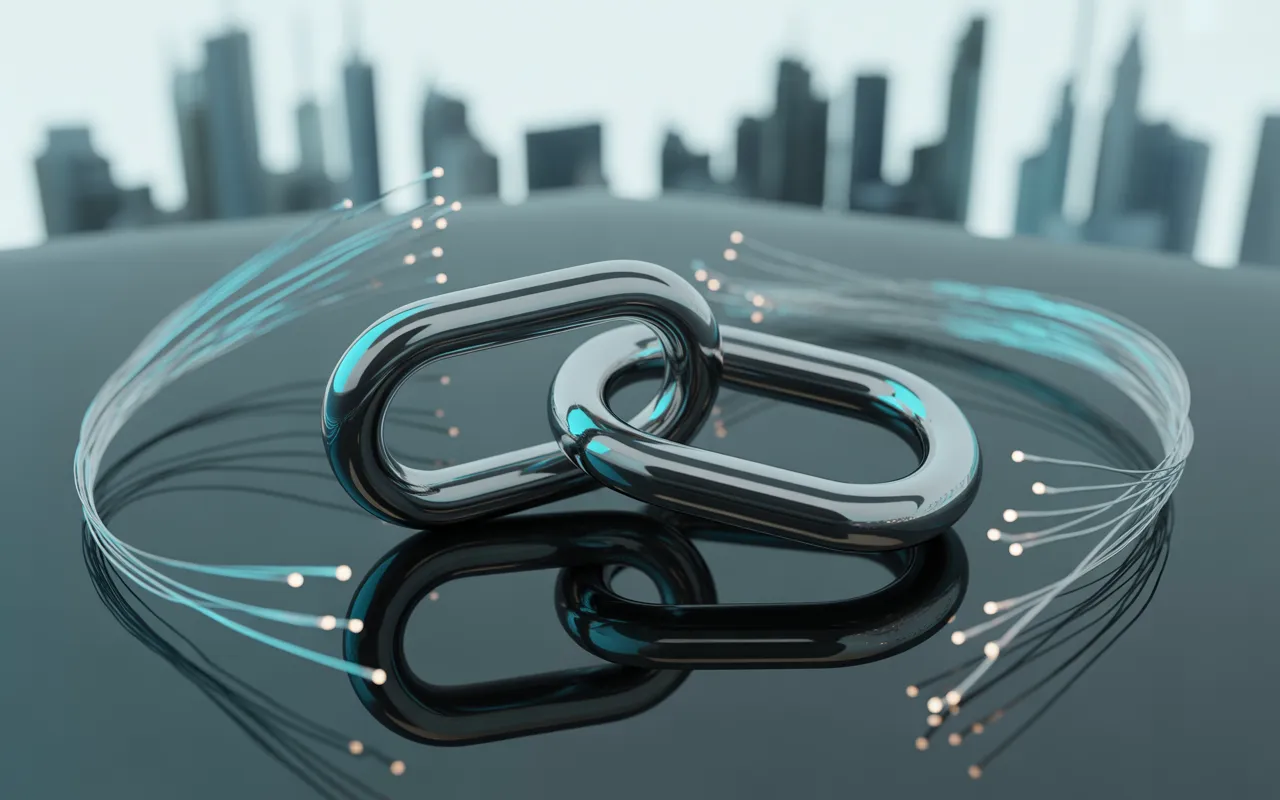 Deux maillons en acier poli entrelacés sur verre noir, bokeh réseau bleu-cyan et fibres optiques, symbolisant Le rôle des backlinks dans le référencement.