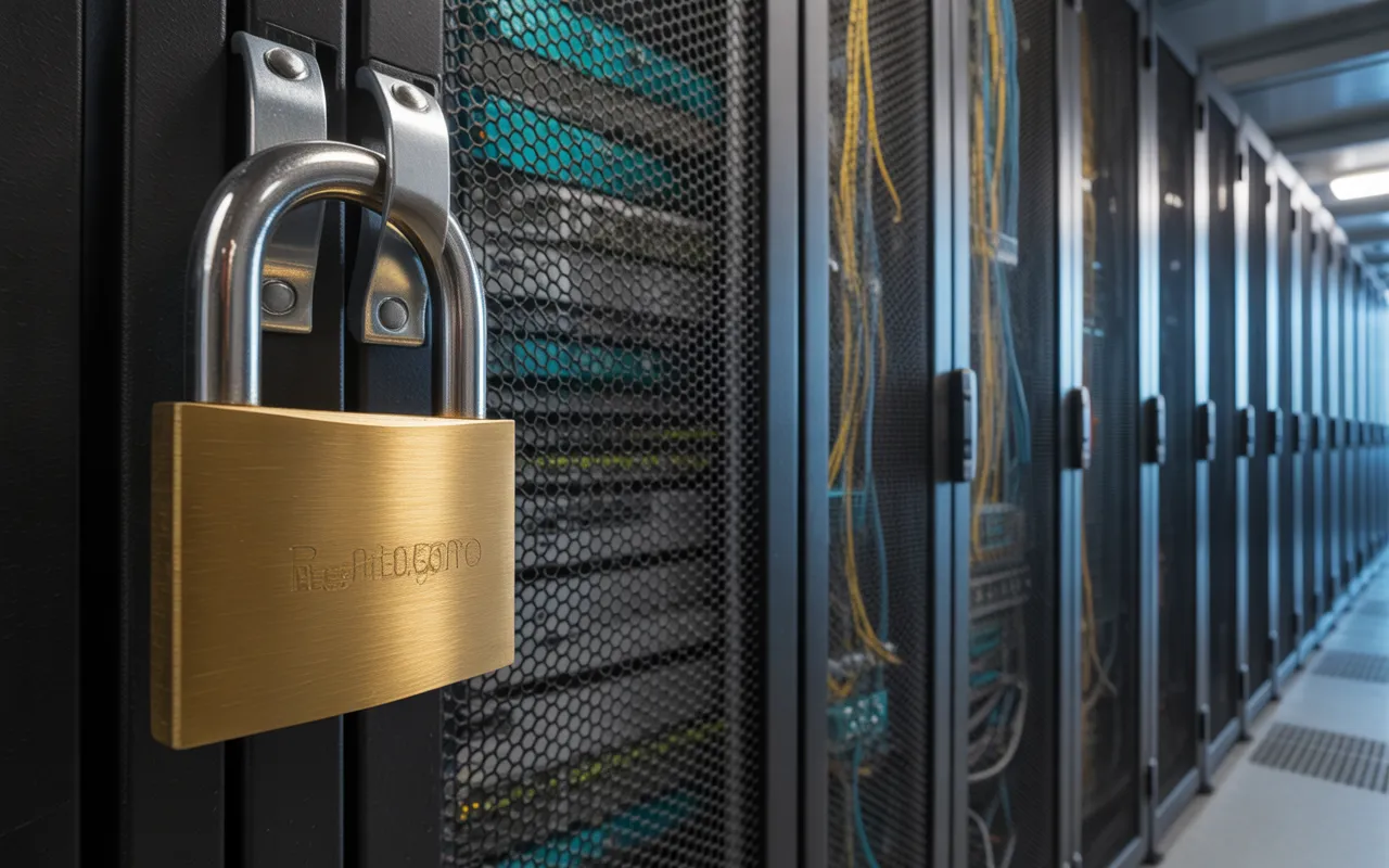 Pourquoi choisir un hébergeur rapide et sécurisé : cadenas en acier brossé sur porte grillagée de baie serveur, fibres optiques à traînées lumineuses suggérant la vitesse dans un data center moderne.