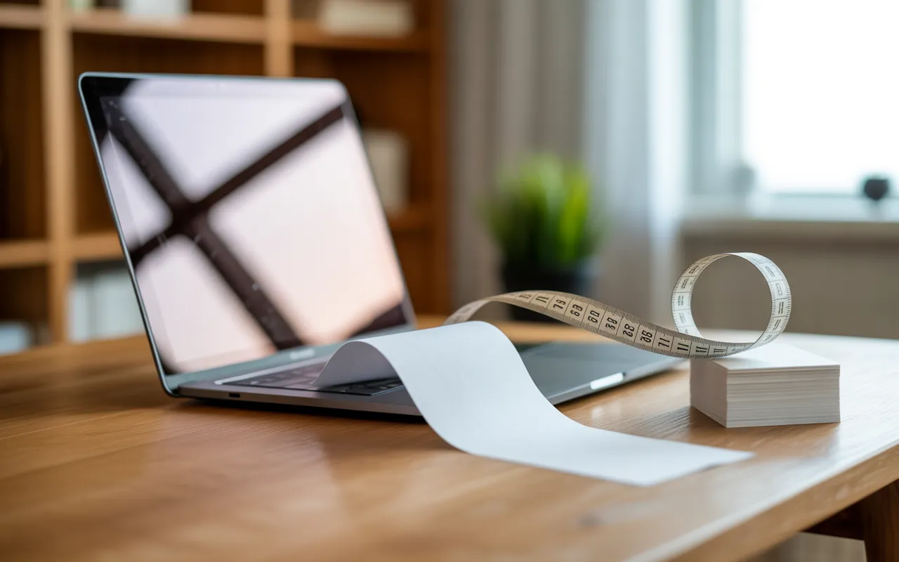 Quelle longueur idéale pour un article de blog SEO illustrée par un bureau moderne: ordinateur portable fin sur bois clair, longue bande de papier serpentante et ruban de mesure, lumière naturelle douce, fond flou high-tech.