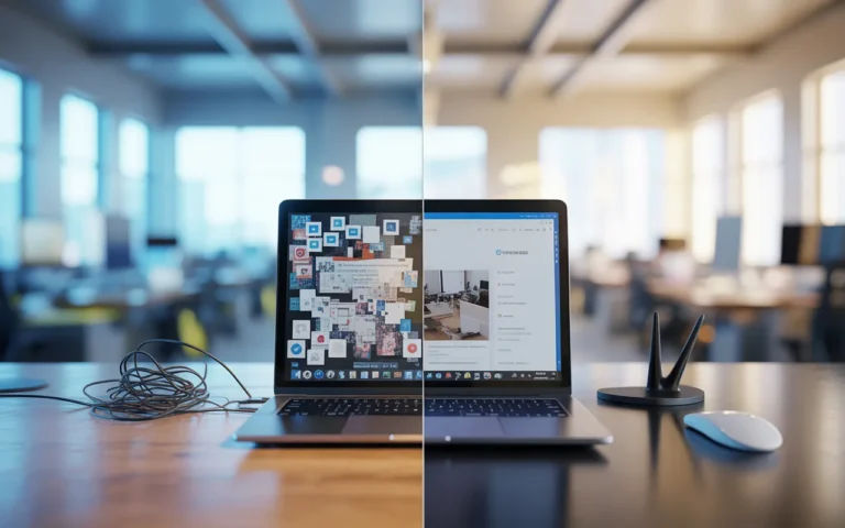 Vignette 16:9 pour article Pourquoi il faut éviter les sites gratuits pour une activité pro: bureau moderne, ordinateur portable à l’écran partagé; côté gauche gratuit chaotique (fenêtres pop‑up, icônes d’avertissement), côté droit pro soigné et premium, lumière froide vs chaude.