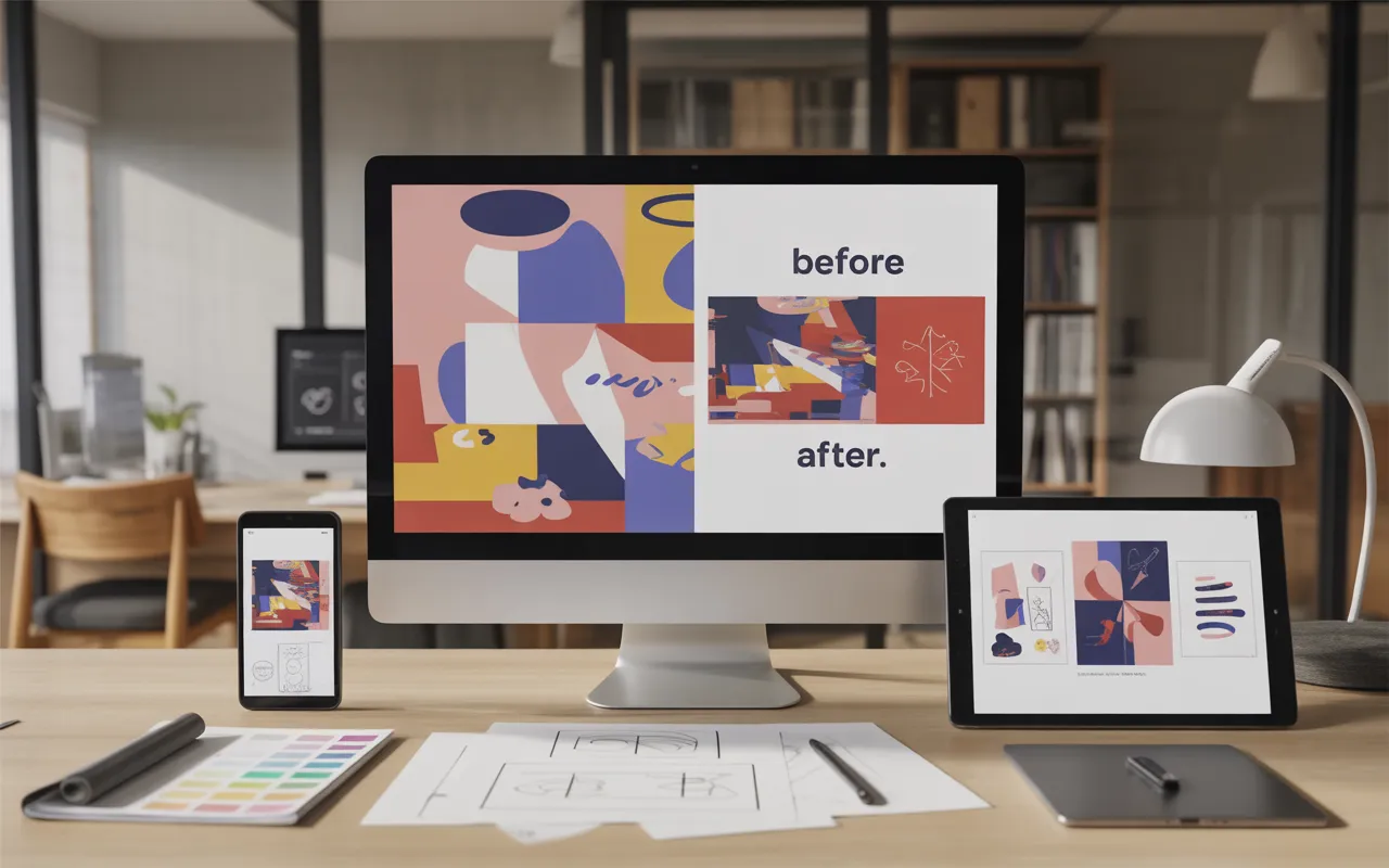 Refonte de site les signes qu’il est temps de passer à l’action: bureau moderne épuré en 2025, écran avant/après en blocs colorés, tablette et smartphone responsives, interfaces sans texte, wireframes, nuancier, lumière naturelle, open space flou.