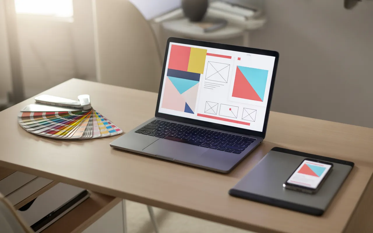Charte graphique site web en 2025 : bureau de designer web moderne avec ordinateur portable affichant une interface de style guide coloré sans texte, nuanciers, tablette graphique et smartphone sur un bureau en bois clair, éclairage naturel doux.